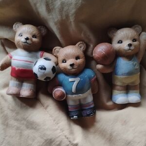 Set of 3 Sports Bear Figurines - Red, Blue, Yellow